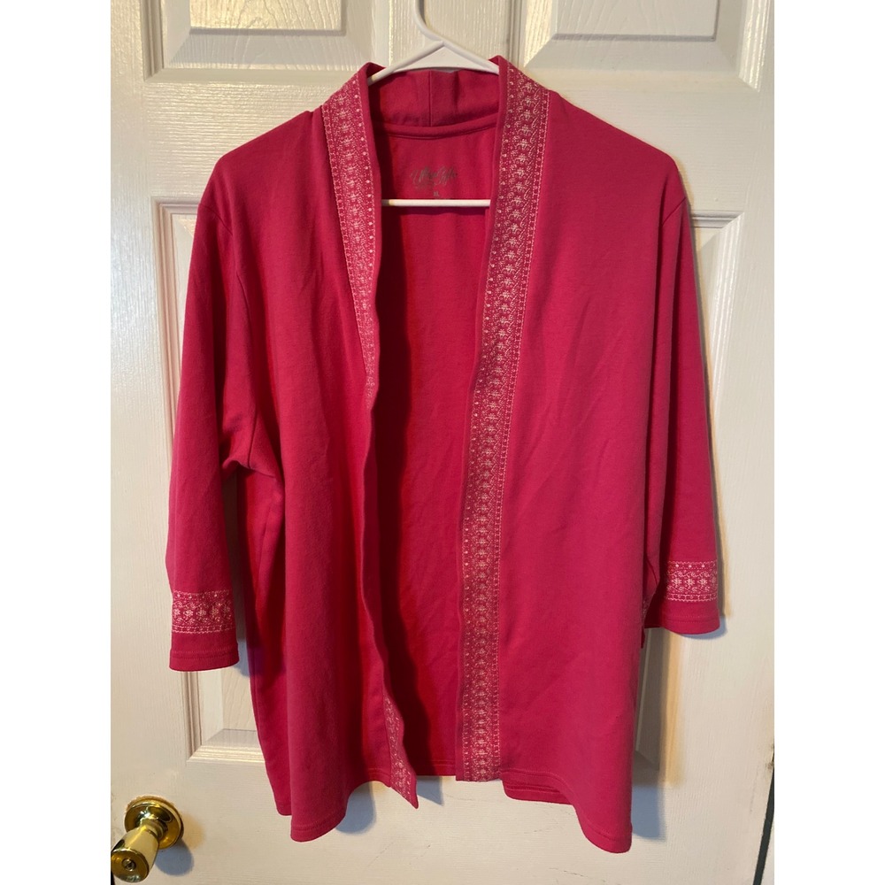 UltraSofts Magenta Pink Open Front Cardigan Embroidered Trim XL 3/4 Sleeve